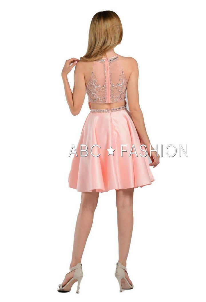 Beaded Illusion Short High-Neck Dress with Pockets by Poly USA 8038-Short Cocktail Dresses-ABC Fashion