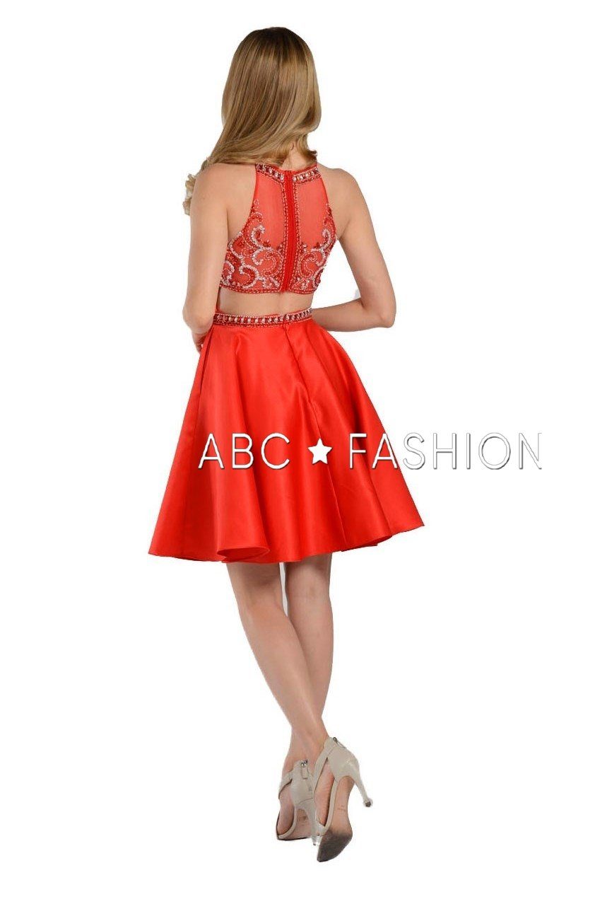 Beaded Illusion Short High-Neck Dress with Pockets by Poly USA 8038-Short Cocktail Dresses-ABC Fashion
