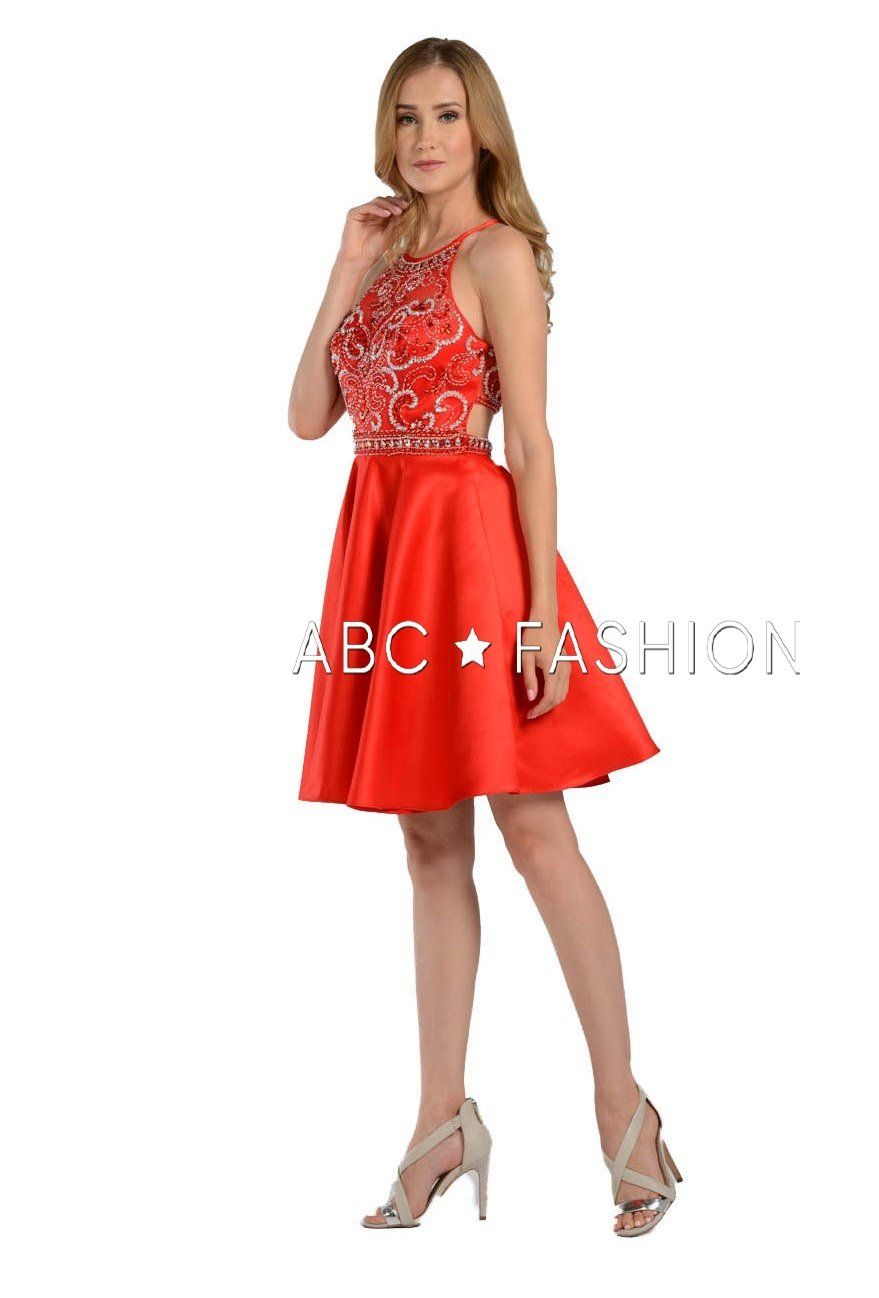 Beaded Illusion Short High-Neck Dress with Pockets by Poly USA 8038-Short Cocktail Dresses-ABC Fashion