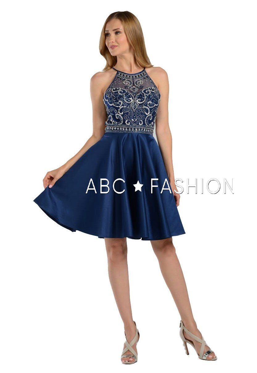 Beaded Illusion Short High-Neck Dress with Pockets by Poly USA 8038-Short Cocktail Dresses-ABC Fashion