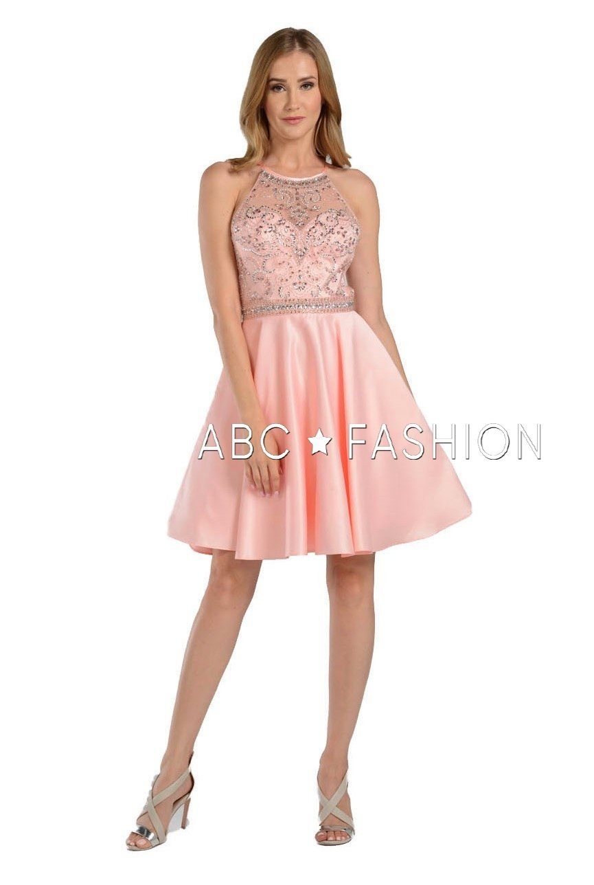 Beaded Illusion Short High-Neck Dress with Pockets by Poly USA 8038-Short Cocktail Dresses-ABC Fashion