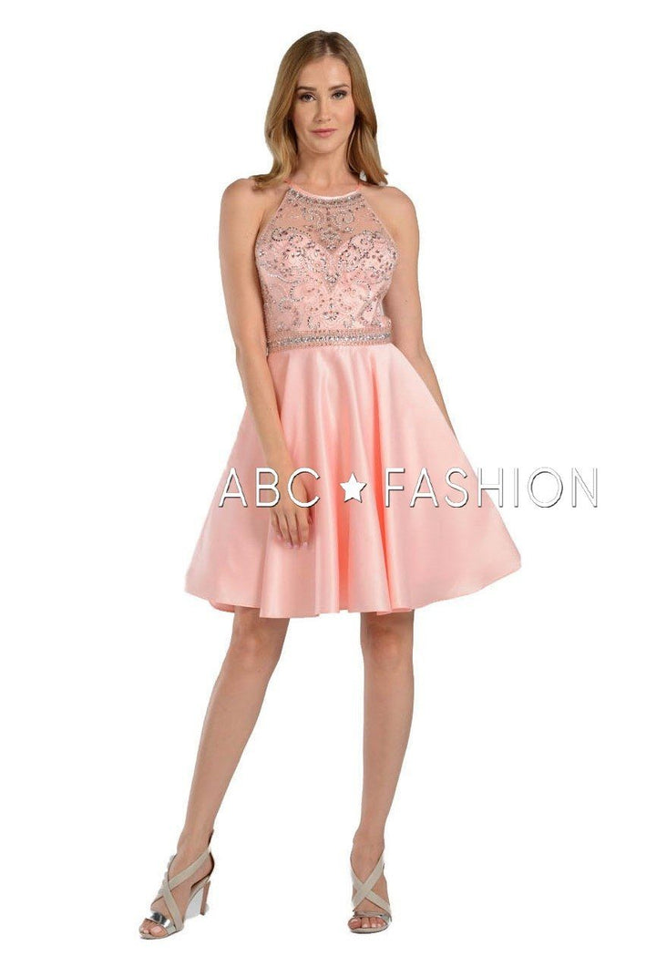 Beaded Illusion Short High-Neck Dress with Pockets by Poly USA 8038-Short Cocktail Dresses-ABC Fashion