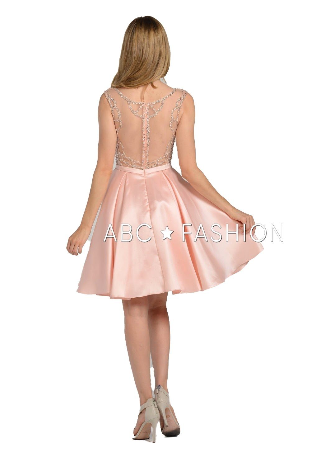 Beaded Illusion Short Mikado Dress with Pockets by Poly USA 8040-Short Cocktail Dresses-ABC Fashion