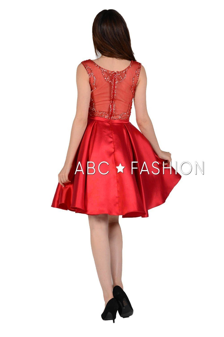 Beaded Illusion Short Mikado Dress with Pockets by Poly USA 8040-Short Cocktail Dresses-ABC Fashion