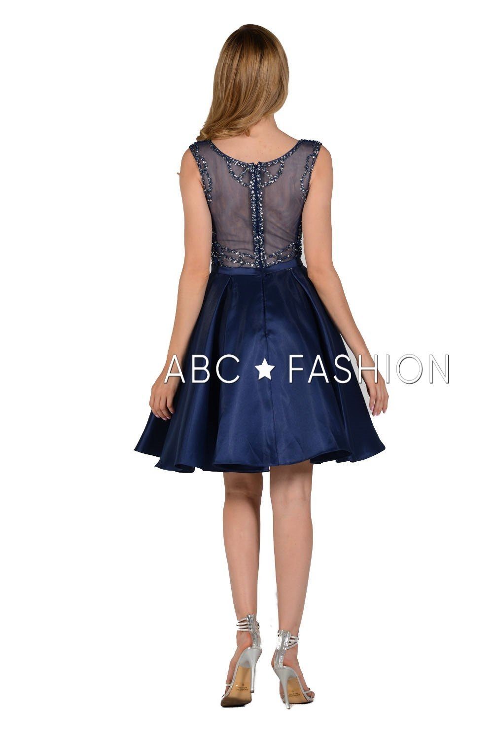 Beaded Illusion Short Mikado Dress with Pockets by Poly USA 8040-Short Cocktail Dresses-ABC Fashion