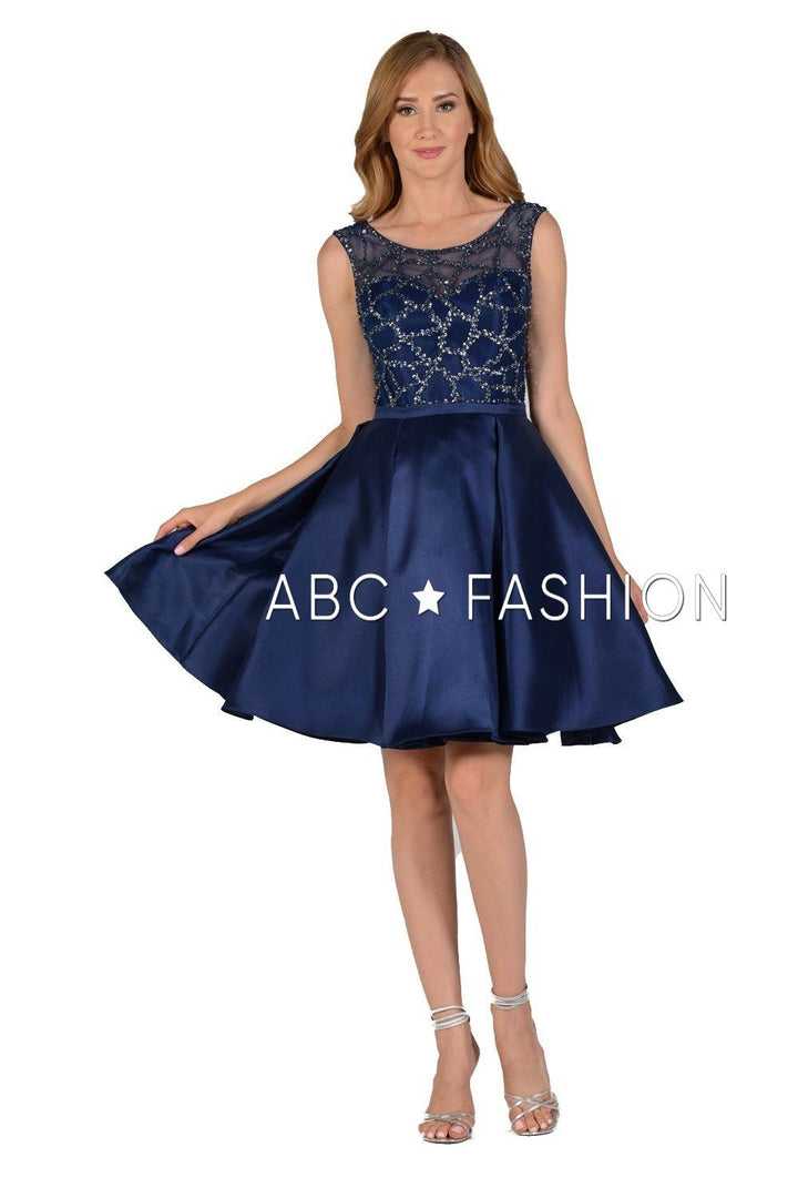 Beaded Illusion Short Mikado Dress with Pockets by Poly USA 8040-Short Cocktail Dresses-ABC Fashion