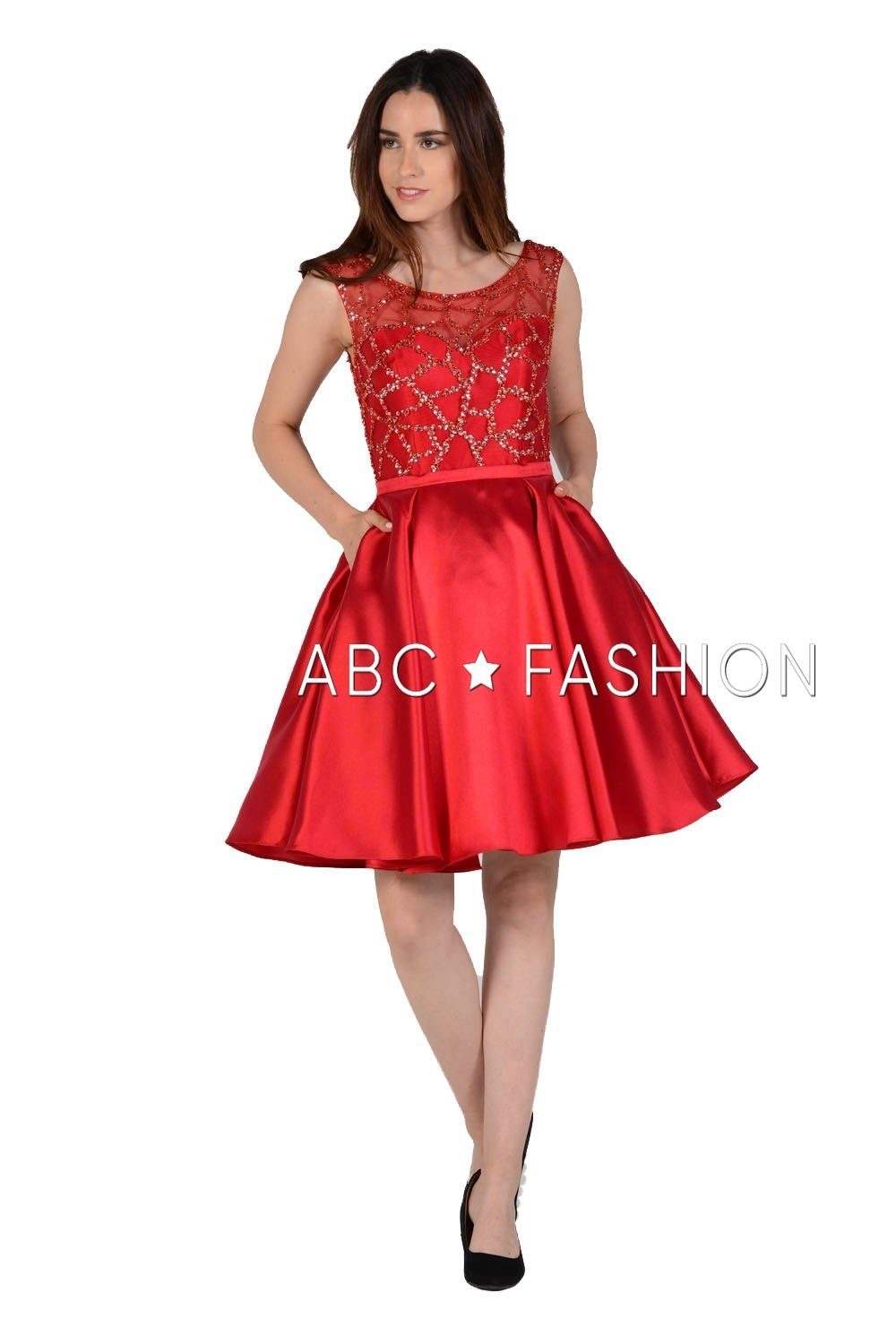 Beaded Illusion Short Mikado Dress with Pockets by Poly USA 8040-Short Cocktail Dresses-ABC Fashion