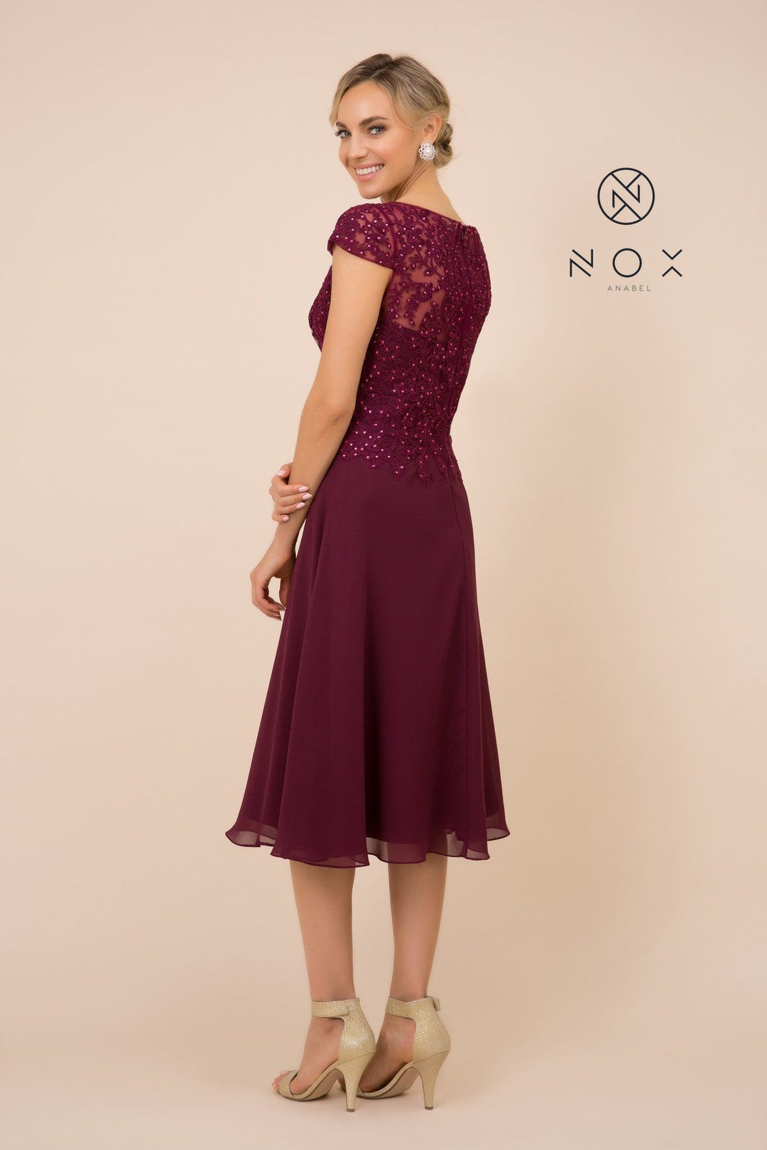 Beaded Lace Applique Short Dress with Short Sleeves by Nox Anabel B517
