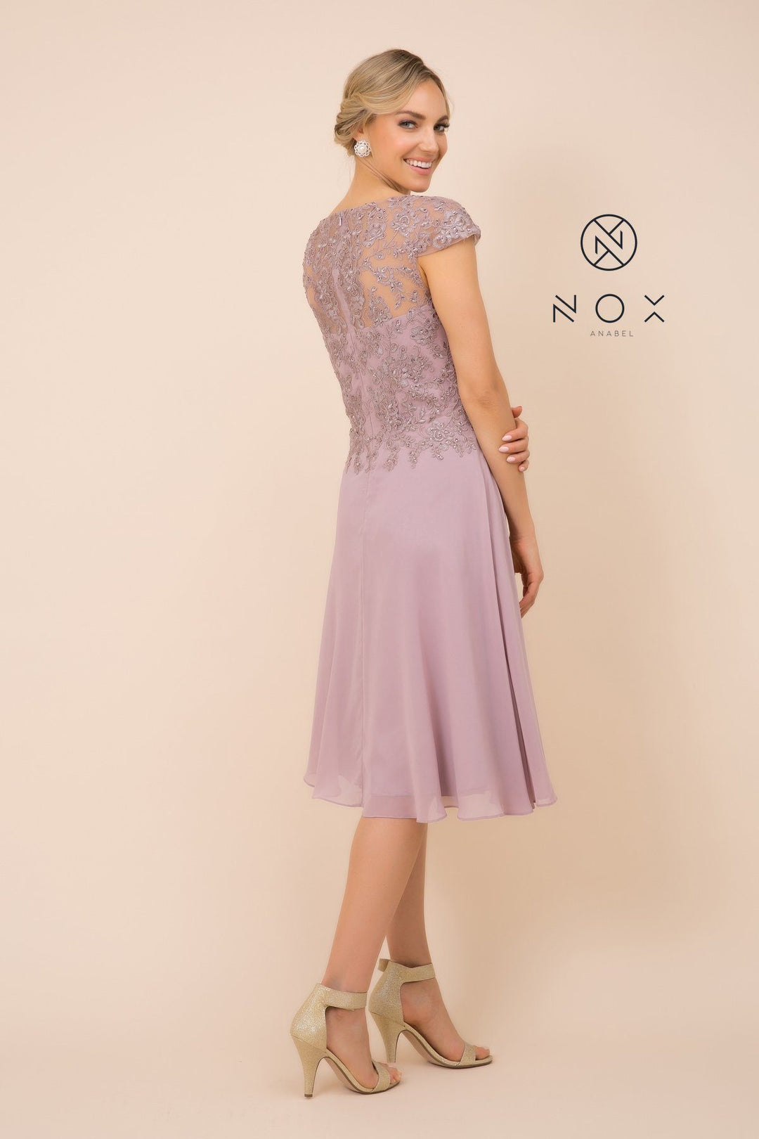 Beaded Lace Applique Short Dress with Short Sleeves by Nox Anabel B517