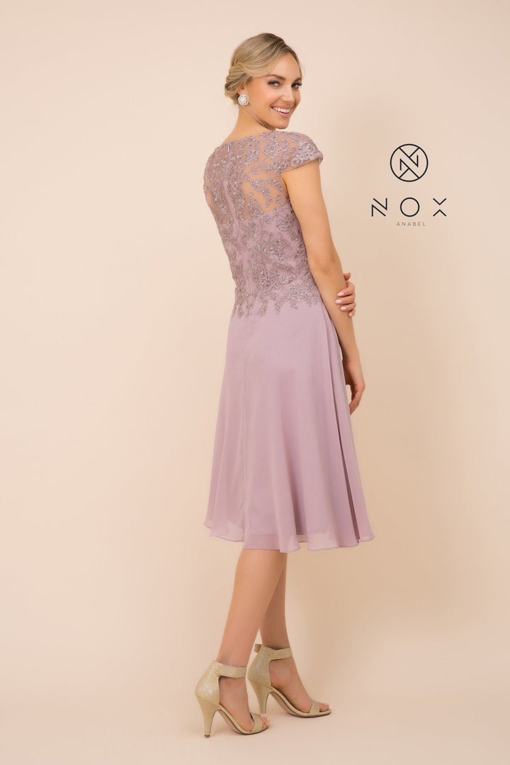 Beaded Lace Applique Short Dress with Short Sleeves by Nox Anabel B517