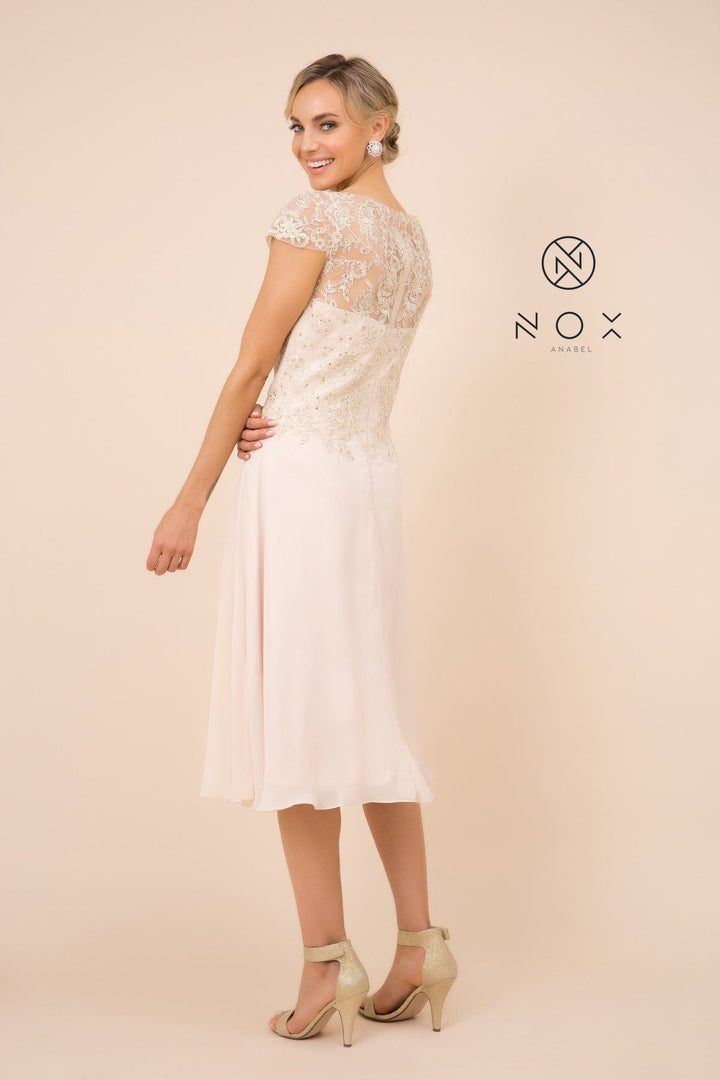 Beaded Lace Applique Short Dress with Short Sleeves by Nox Anabel B517