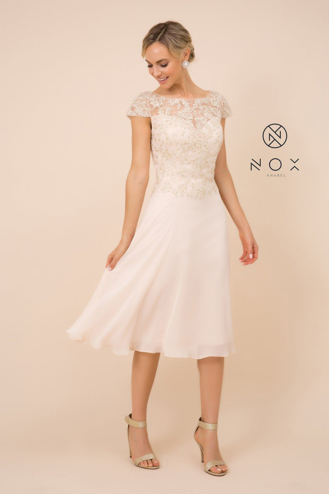 Beaded Lace Applique Short Dress with Short Sleeves by Nox Anabel B517