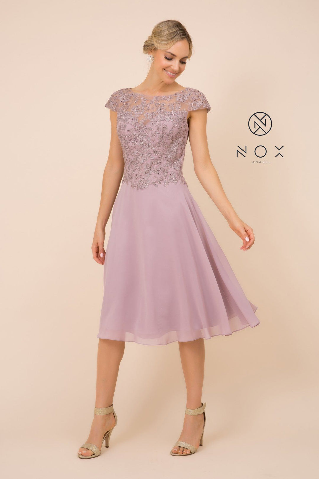 Beaded Lace Applique Short Dress with Short Sleeves by Nox Anabel B517