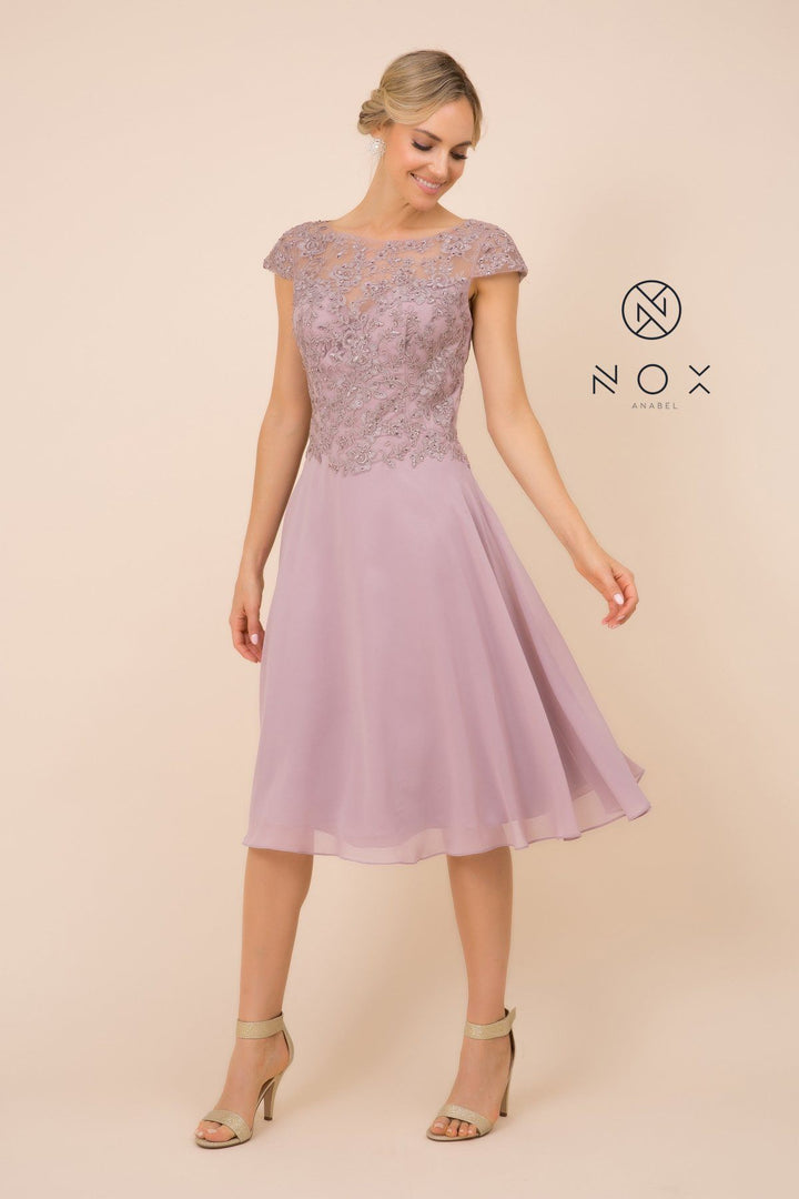Beaded Lace Applique Short Dress with Short Sleeves by Nox Anabel B517