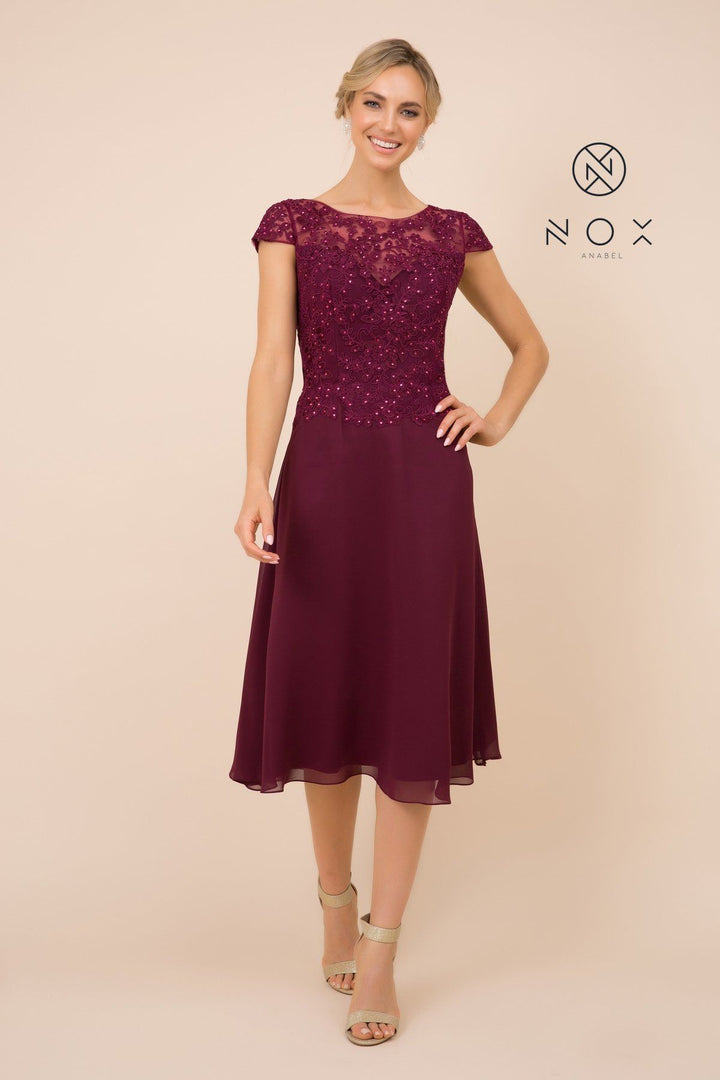 Beaded Lace Applique Short Dress with Short Sleeves by Nox Anabel B517