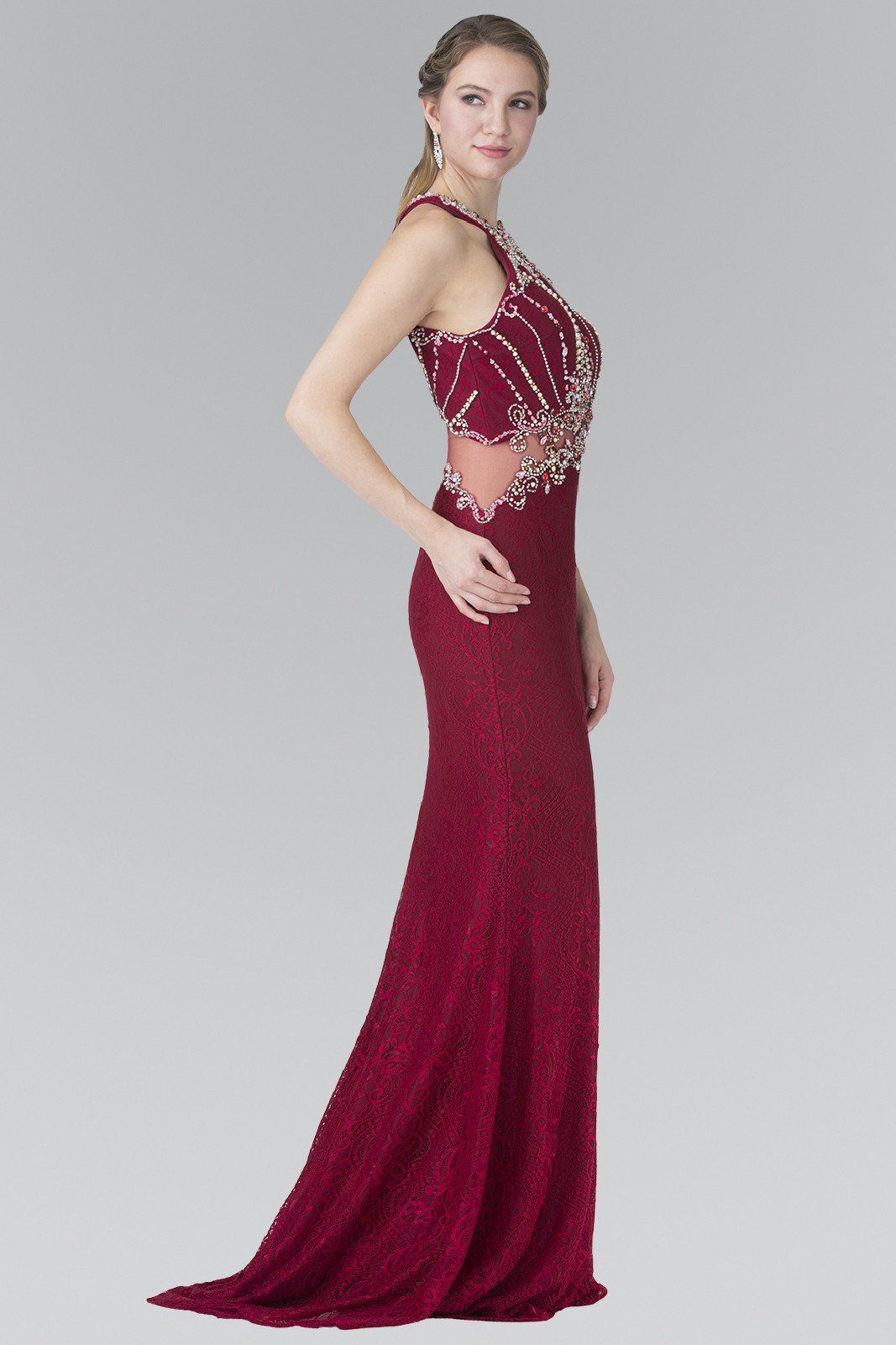 Beaded Lace Halter Dress with Illusion Waistline by Elizabeth K GL2275-Long Formal Dresses-ABC Fashion