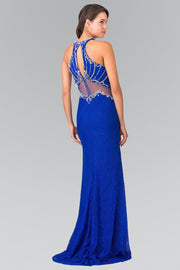 Beaded Lace Halter Dress with Illusion Waistline by Elizabeth K GL2275-Long Formal Dresses-ABC Fashion