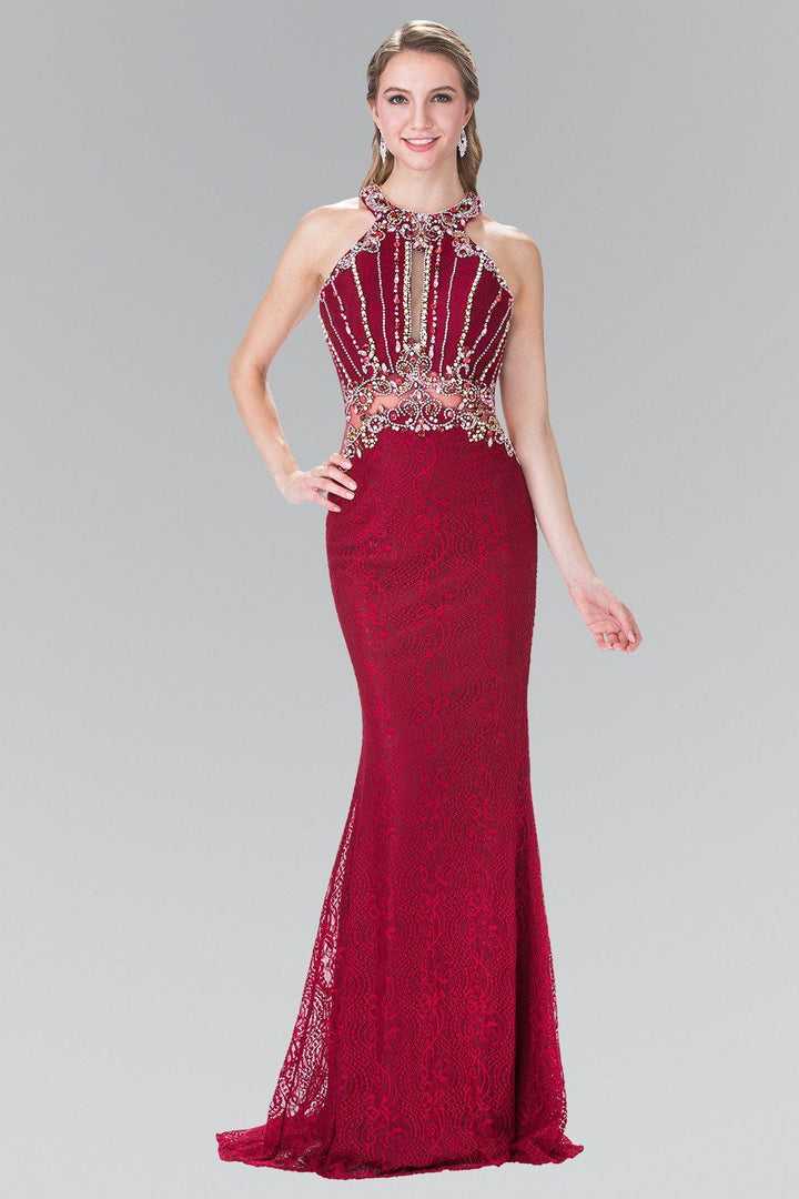 Beaded Lace Halter Dress with Illusion Waistline by Elizabeth K GL2275-Long Formal Dresses-ABC Fashion