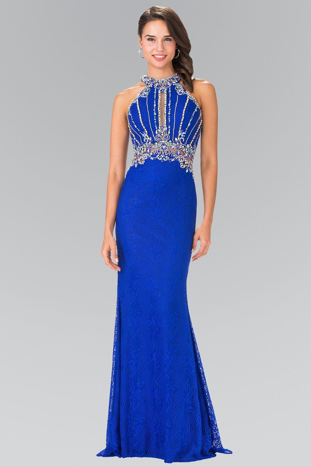 Beaded Lace Halter Dress with Illusion Waistline by Elizabeth K GL2275-Long Formal Dresses-ABC Fashion