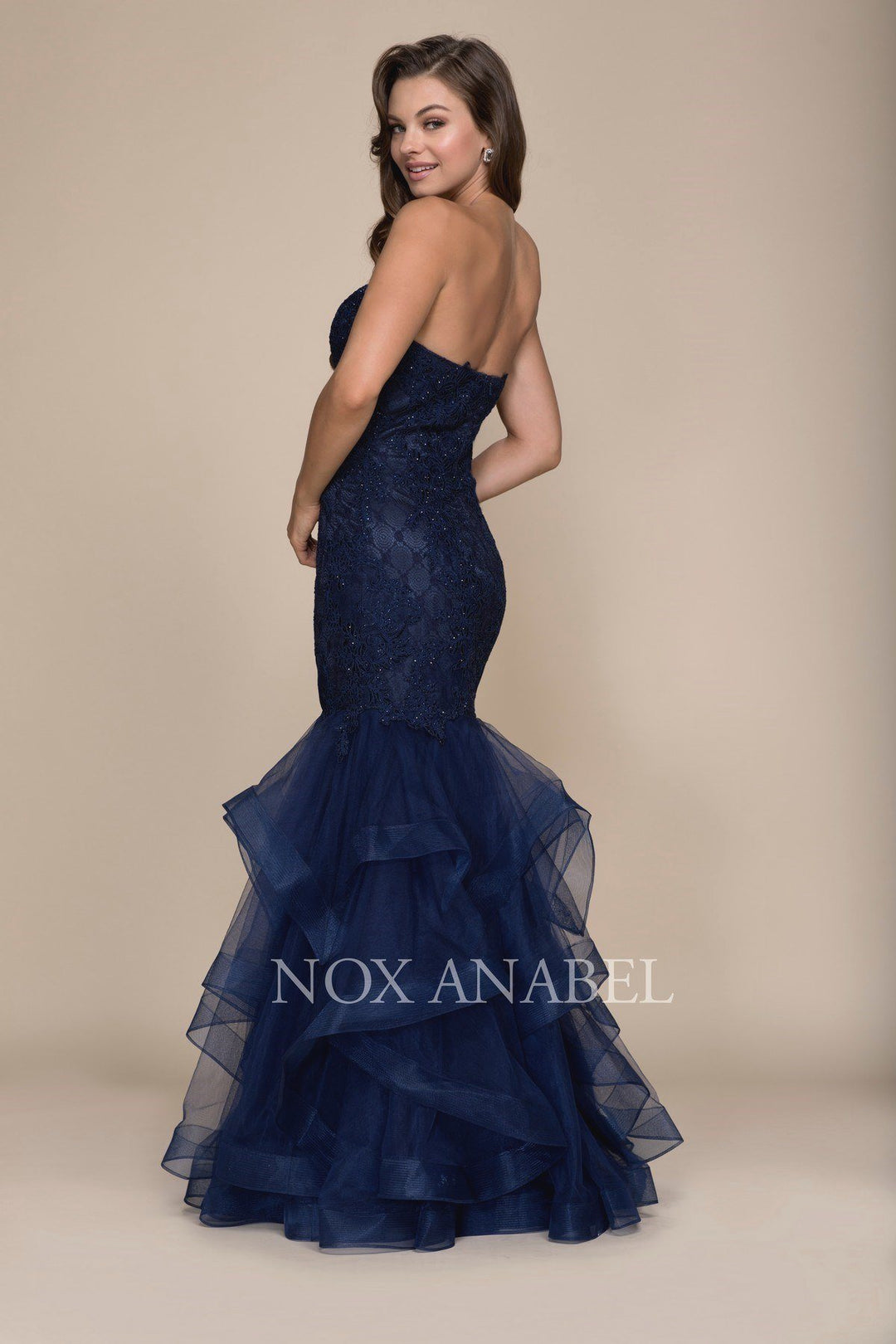 Beaded Lace Long Strapless Mermaid Dress by Nox Anabel A054-Long Formal Dresses-ABC Fashion