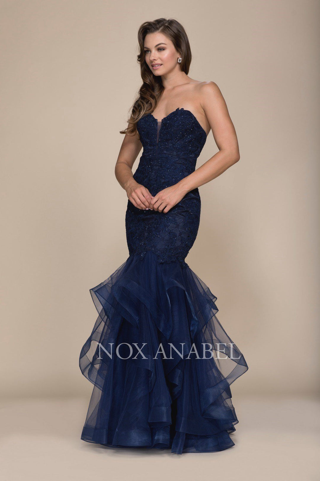 Beaded Lace Long Strapless Mermaid Dress by Nox Anabel A054-Long Formal Dresses-ABC Fashion