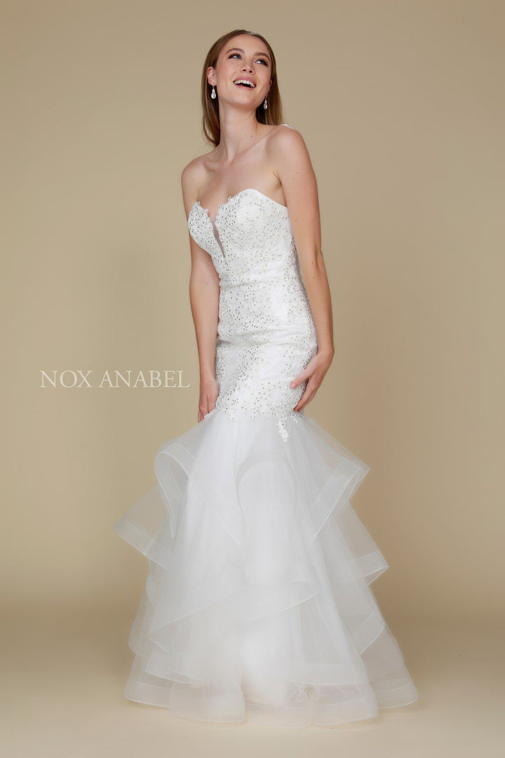 Beaded Lace Long Strapless Mermaid Dress by Nox Anabel A054-Long Formal Dresses-ABC Fashion