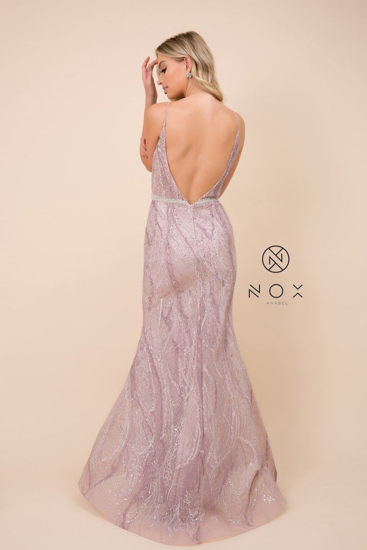 Beaded Lace Mermaid V-Neck Dress by Nox Anabel Y409