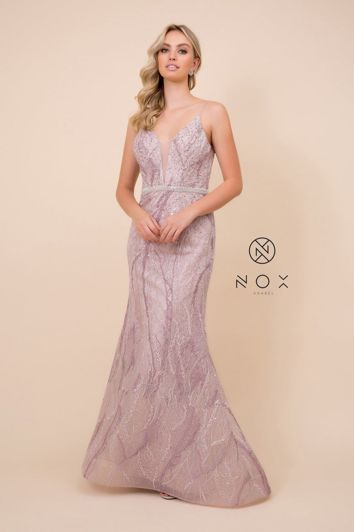 Beaded Lace Mermaid V-Neck Dress by Nox Anabel Y409