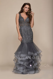 Beaded Lace Ruffled Mermaid Dress by Nox Anabel A059-Long Formal Dresses-ABC Fashion