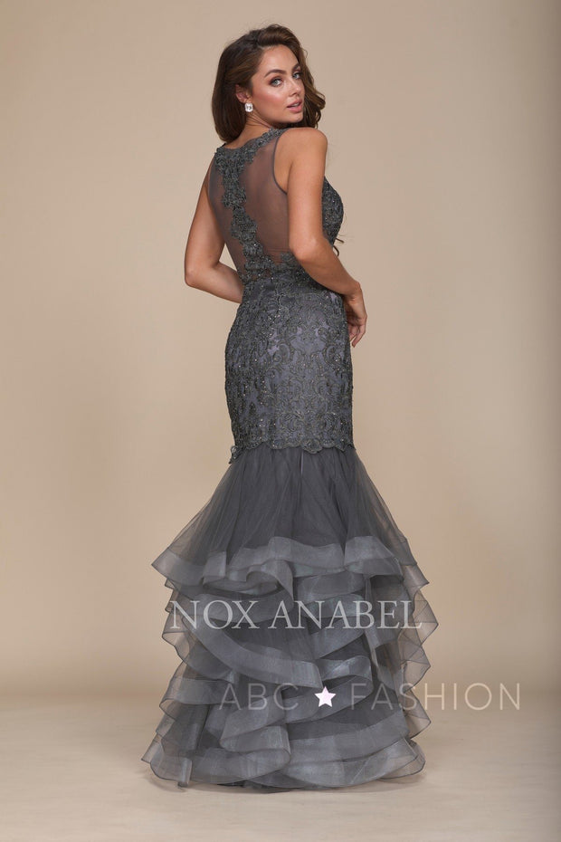 Beaded Lace Ruffled Mermaid Dress by Nox Anabel A059-Long Formal Dresses-ABC Fashion