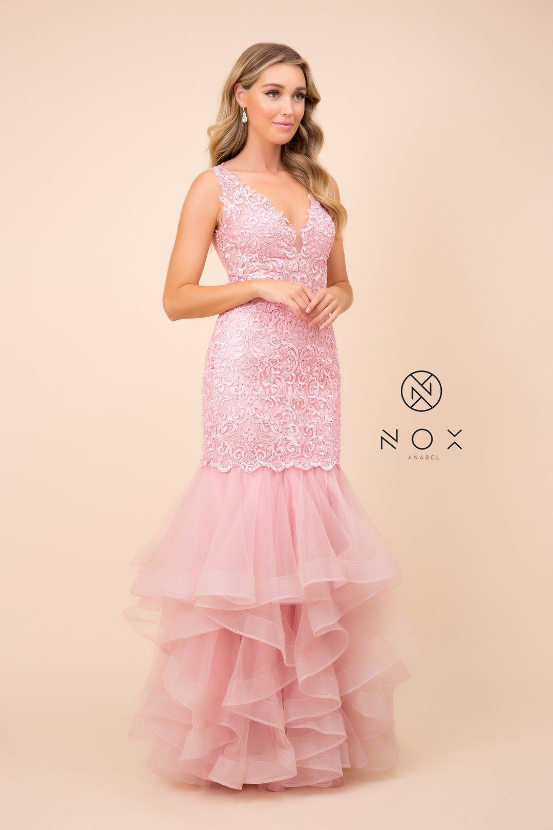 Beaded Lace Ruffled Mermaid Dress by Nox Anabel A059
