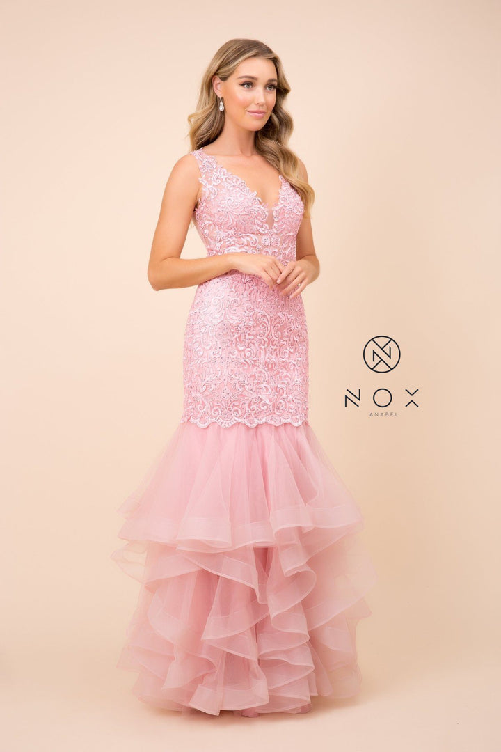 Beaded Lace Ruffled Mermaid Dress by Nox Anabel A059