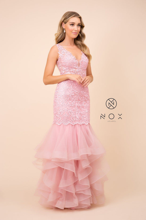 Beaded Lace Ruffled Mermaid Dress by Nox Anabel A059