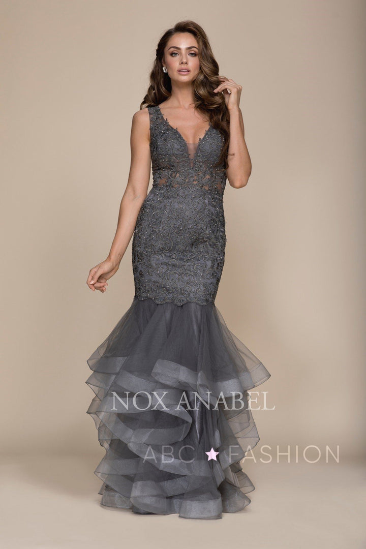 Beaded Lace Ruffled Mermaid Dress by Nox Anabel A059-Long Formal Dresses-ABC Fashion