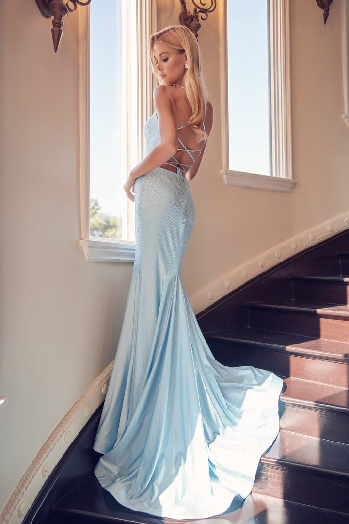 Beaded Lace-Up Back Mermaid Gown by Juliet 276