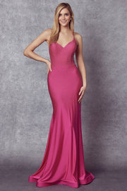Beaded Lace-Up Back Mermaid Gown by Juliet 276