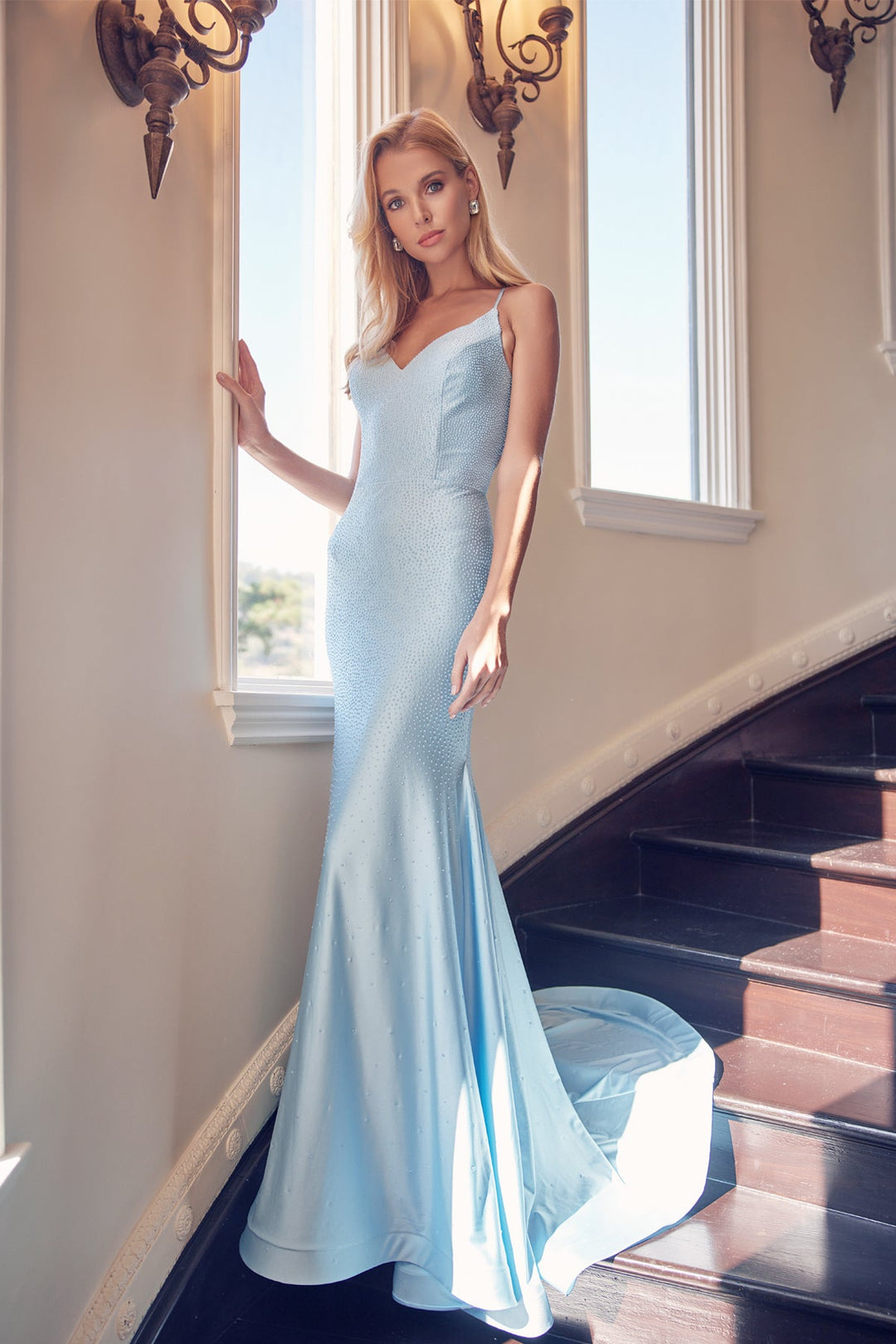 Beaded Lace-Up Back Mermaid Gown by Juliet 276