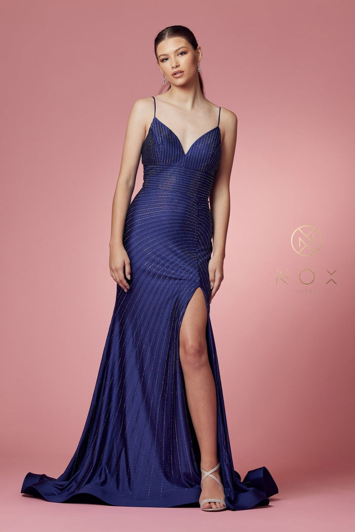 Beaded Lace-Up Back Mermaid Gown by Nox Anabel E1038