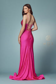 Beaded Lace-Up Back Mermaid Gown by Nox Anabel E1038
