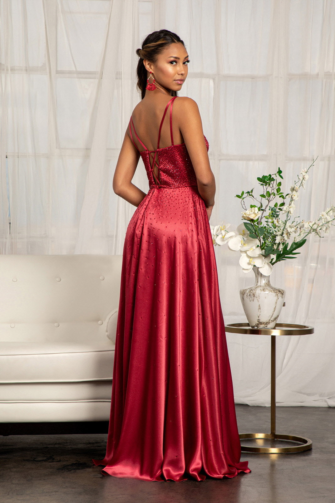 Beaded Lace-Up Satin Gown by Elizabeth K GL3039