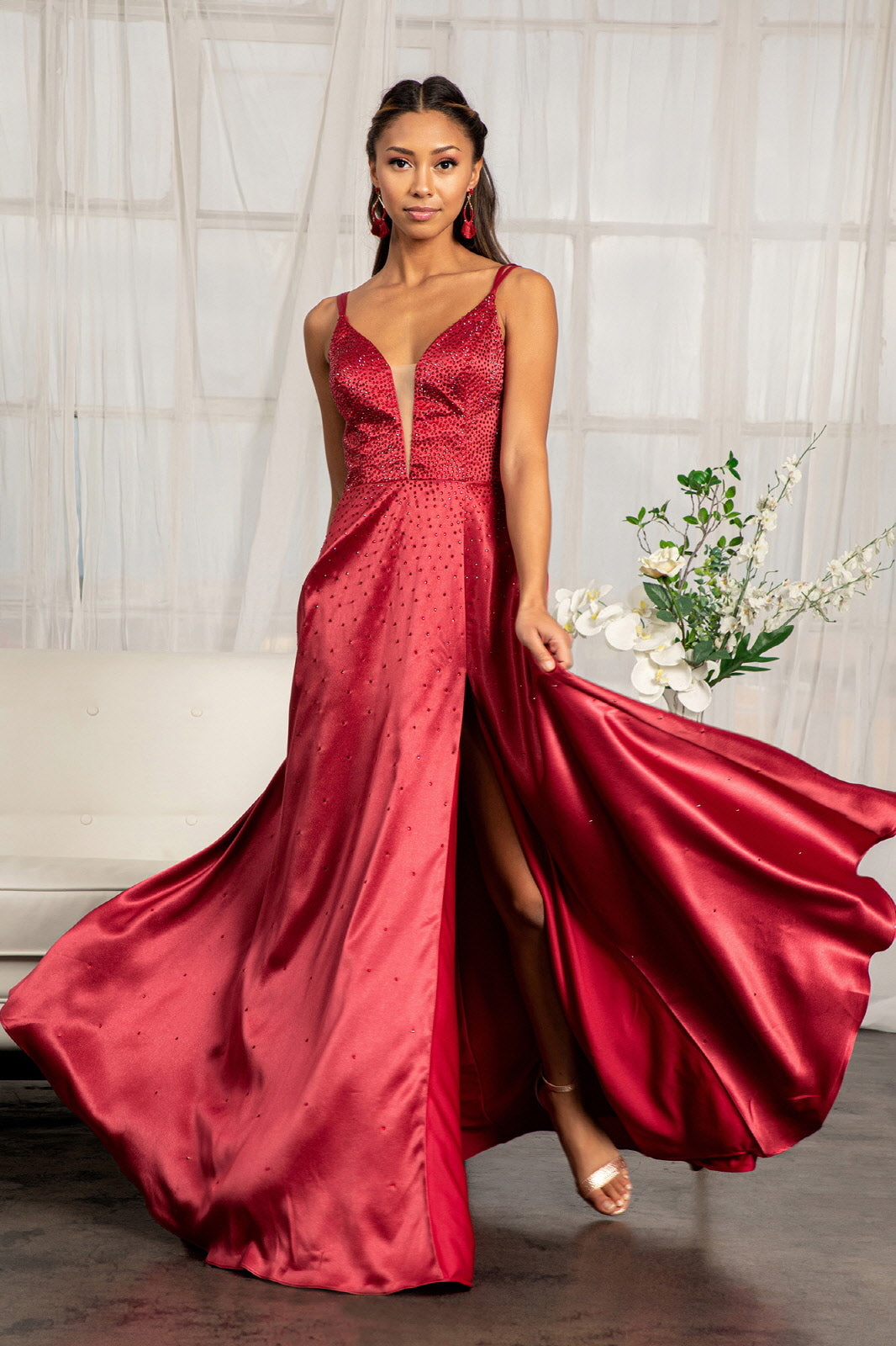 Beaded Lace-Up Satin Gown by Elizabeth K GL3039