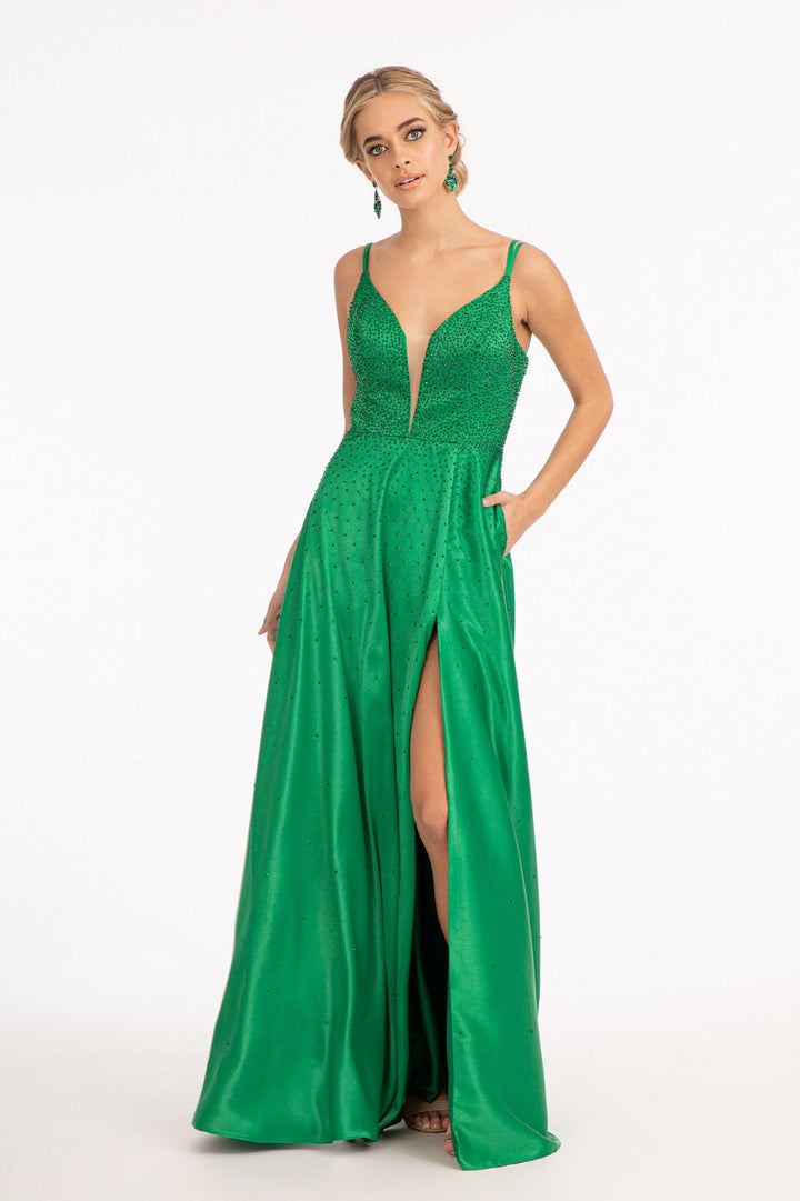 Beaded Lace-Up Satin Gown by Elizabeth K GL3039