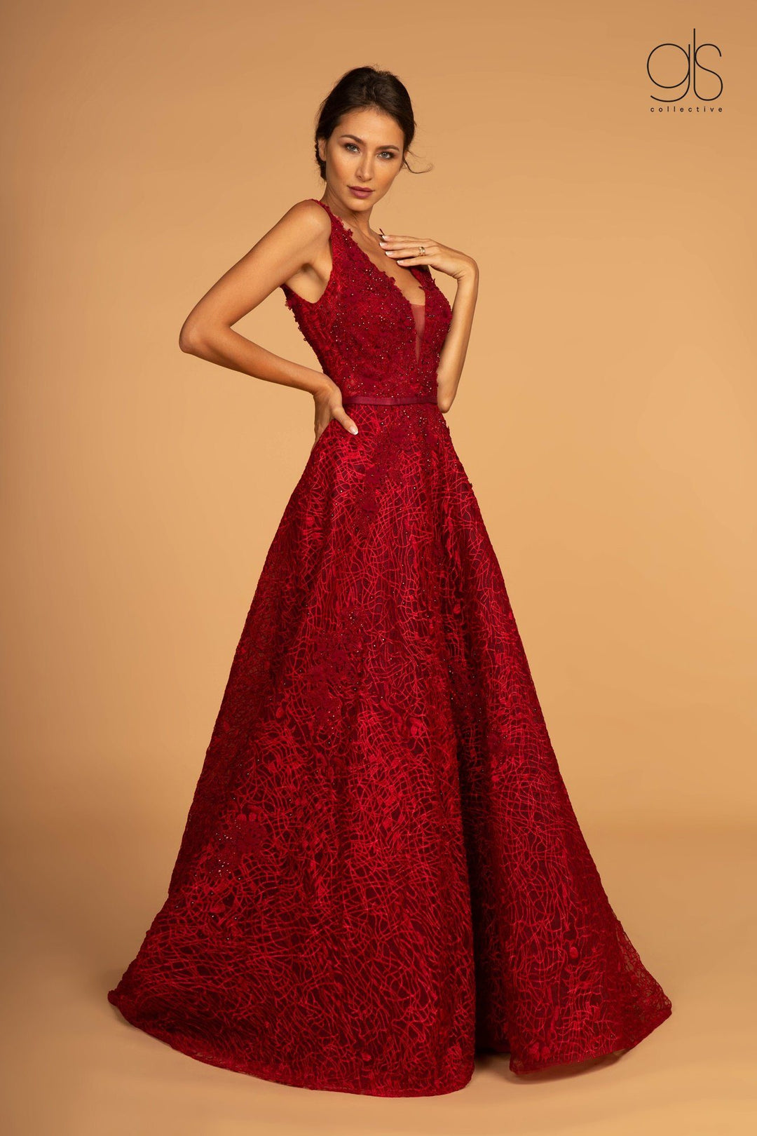 Beaded Lace V-Neck Dress with Long A-line Skirt by GLS Gloria GL2566-Long Formal Dresses-ABC Fashion