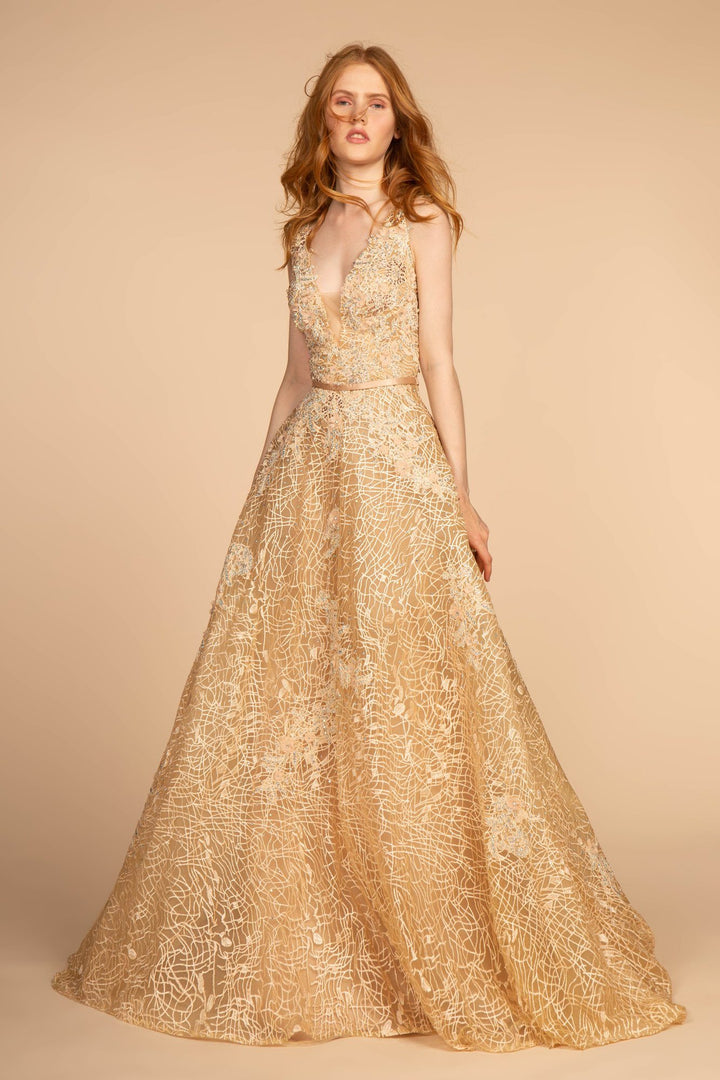 Beaded Lace V-Neck Dress with Long A-line Skirt by GLS Gloria GL2566-Long Formal Dresses-ABC Fashion