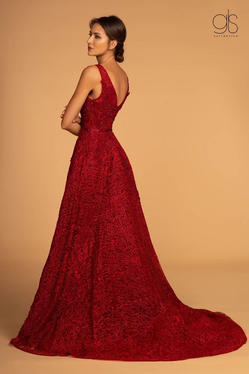 Beaded Lace V-Neck Dress with Long A-line Skirt by GLS Gloria GL2566-Long Formal Dresses-ABC Fashion
