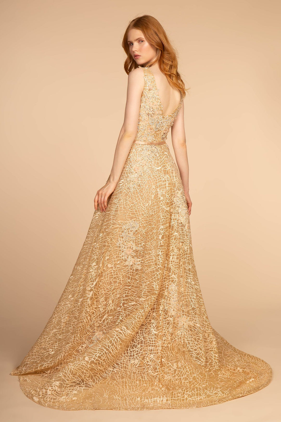 Beaded Lace V-Neck Dress with Long A-line Skirt by GLS Gloria GL2566-Long Formal Dresses-ABC Fashion