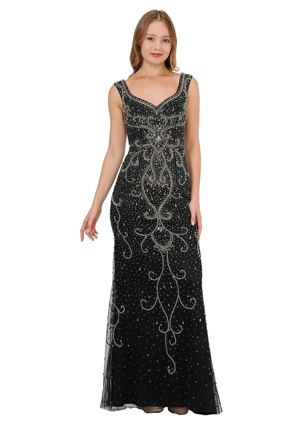 Beaded Long Black Dress with Wide V-Neckline by Poly USA 8362-Long Formal Dresses-ABC Fashion