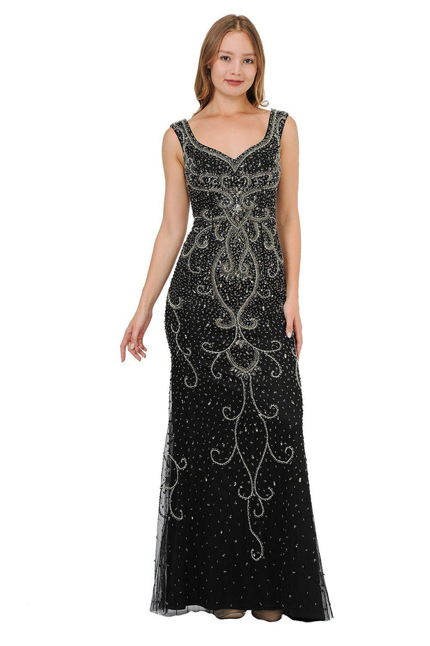 Beaded Long Black Dress with Wide V-Neckline by Poly USA 8362-Long Formal Dresses-ABC Fashion