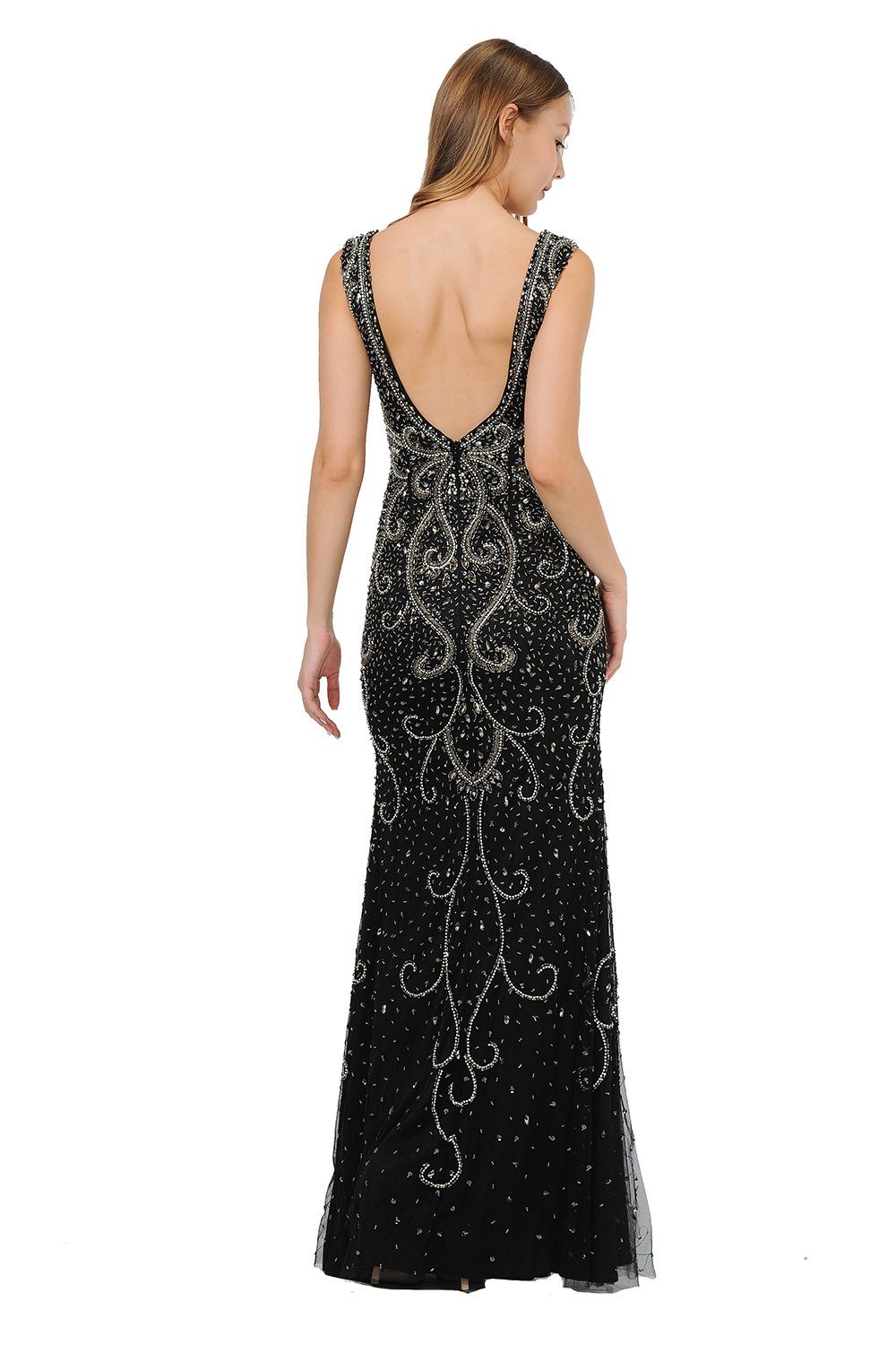 Beaded Long Black Dress with Wide V-Neckline by Poly USA 8362-Long Formal Dresses-ABC Fashion