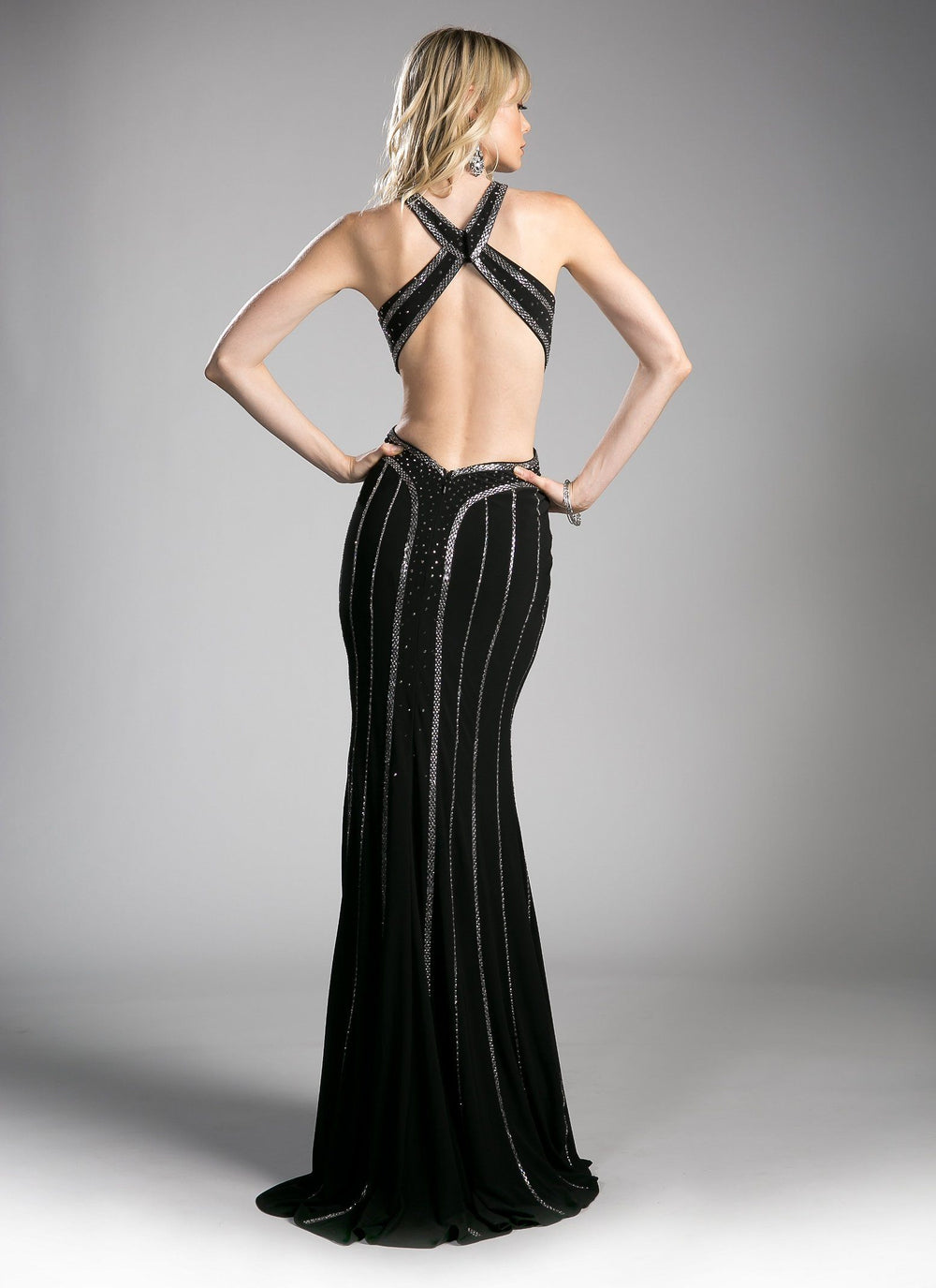 Beaded Long Black Halter Formal Dress by Cinderella Divine CD0121-Long Formal Dresses-ABC Fashion